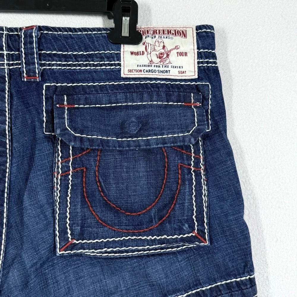 True Religion Cargo Shorts Men 36 Big T Red Stitch Denim Cut Off Drawstring Jean